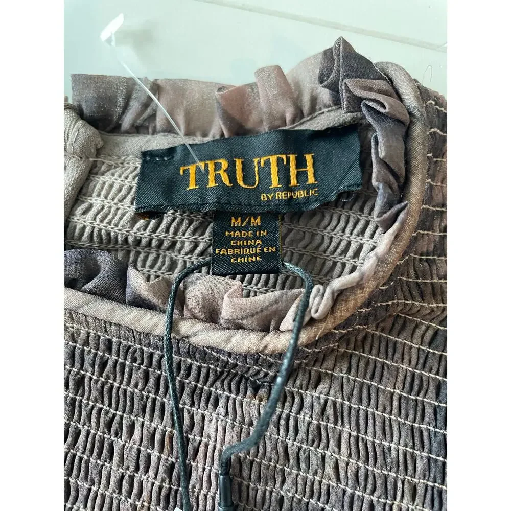 Truth By Republic NWT *FLAW* Smocked Blouse Top Sz M Sheer Long Sleeves Brown - Picture 2 of 14
